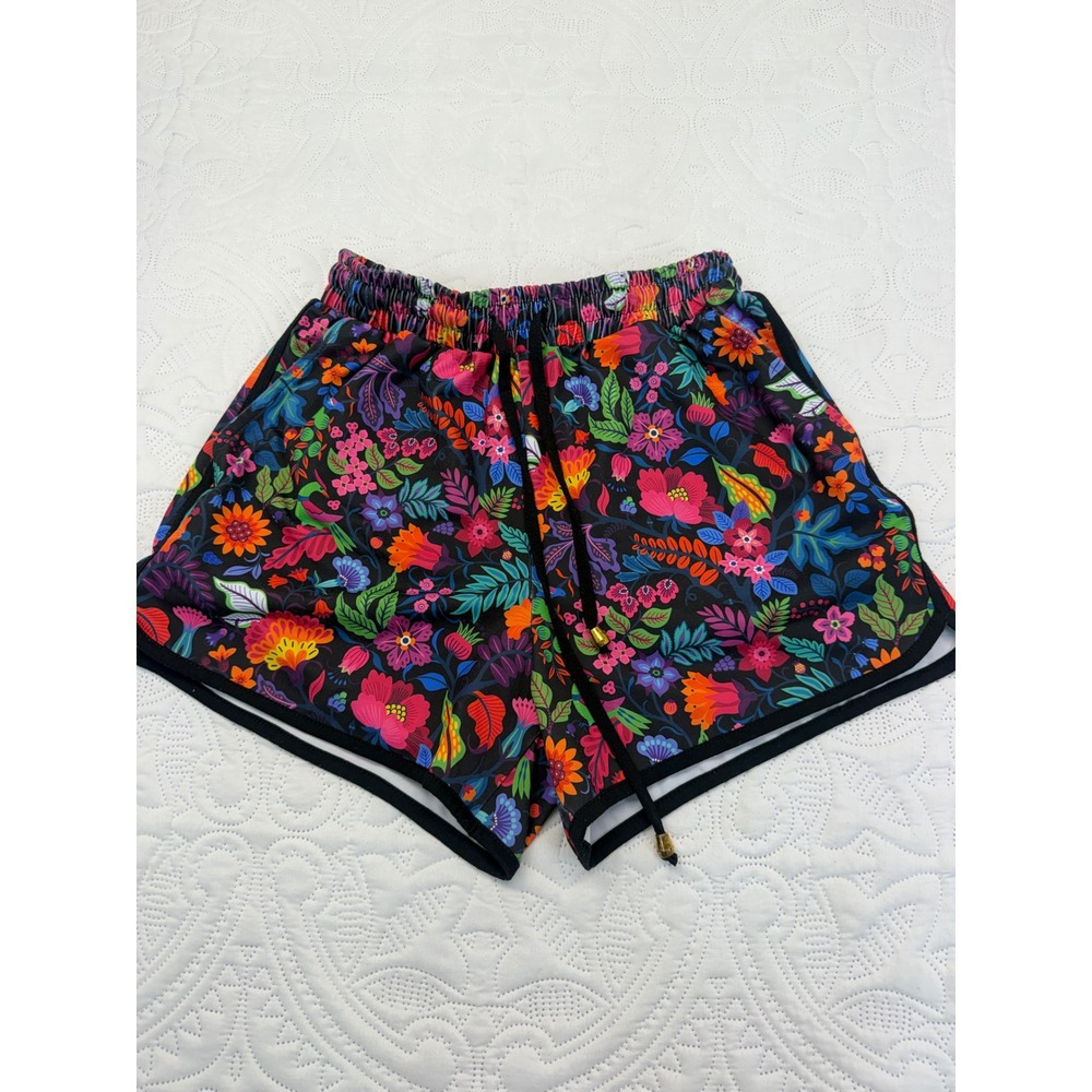 Jess Lea Floral Athletic Shorts Black Multi Color Drawstring Pockets Small